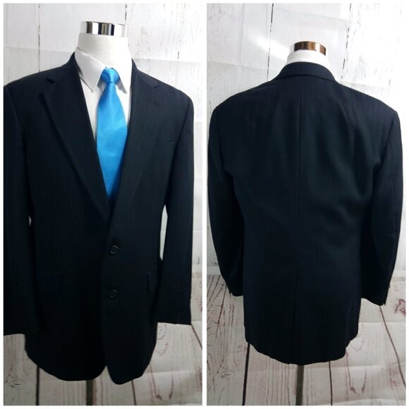 Tommy Hilfiger Dillard's 41R 2 Button Dark Blue Striped 2pc Suit 36x30.5 Pleated - Picture 6 of 14